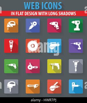 Powertools web-Symbole im flat Design mit langen Schatten Stock Vektor