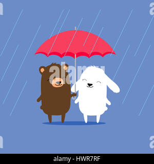 Niedlichen Cartoon Bär und Hase Kaninchen Regenschirm im regen Austausch. Stockfoto