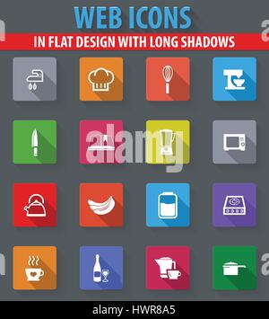 Essen und die Küche Web Icons im flat Design mit langen Schatten Stock Vektor