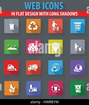 Müll und recycling Web Icons im flat Design mit langen Schatten Stock Vektor