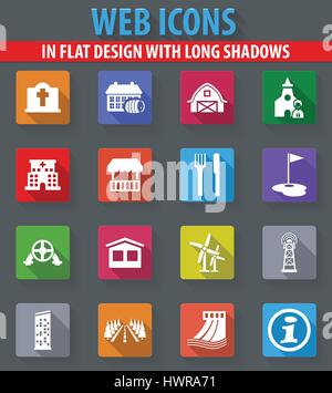 Infrastruktur der Stadt Web Icons im flat Design mit langen Schatten Stock Vektor