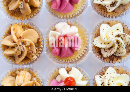 Cupcakes - M & S 9 Eis Kuchen Auswahl - Toffee und Pecan, Himbeer Welligkeit & Cookies und Sahne Muffins Stockfoto