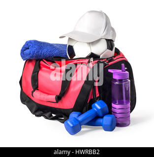 Sporttasche mit Sportgeräten, isoliert auf weiss mit Beschneidungspfad Stockfoto