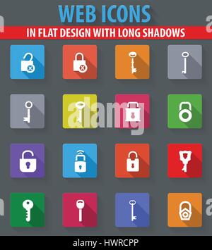 Schloss und Schlüssel Web Icons im flat Design mit langen Schatten Stock Vektor