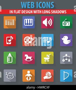 Kinderspielzeug web-Symbole im flat Design mit langen Schatten Stock Vektor