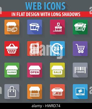 Shop Web Icons im flat Design mit langen Schatten Stock Vektor