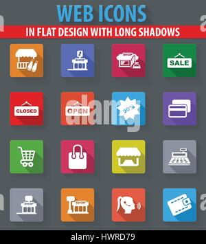 Shop Web Icons im flat Design mit langen Schatten Stock Vektor