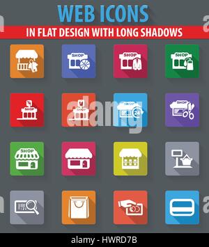 Shop Web Icons im flat Design mit langen Schatten Stock Vektor