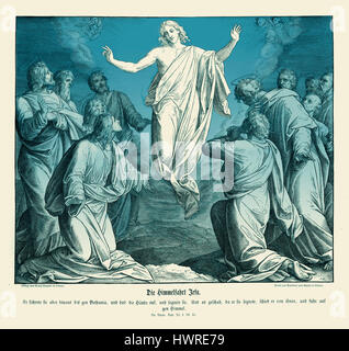 Himmelfahrt Christi Evangelium nach Lukas Kapitel XXIV Verse 50-51' und er führte sie heraus soweit nach Bethanien, und er hob seine Hände auf und segnete sie. Und es begab sich, da er sie segnete, wurde er von ihnen auseinander, und oben in den Himmel getragen. " 1852-60 Illustration von Julius Schnorr von Carolsfeld Stockfoto