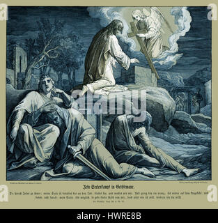 Jesus im Garten Gethsemane, Evangelium nach Matthäus Kapitel XXVI Verse 38-39 "dann spricht er zu ihnen: meine Seele ist mehr als traurig, sogar bis in den Tod: Ihr hier verweilen und beobachten Sie mit mir. Er ging ein wenig weiter und fiel auf sein Angesicht und betete, sagen, O mein Vater, wenn es möglich sein, lassen Sie dieser Kelch an mir vorüber: trotzdem nicht wie ich will, sondern wie du willst. " 1852-60 Illustration von Julius Schnorr von Carolsfeld Stockfoto