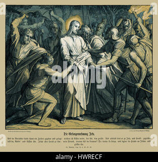 Jesus wird von Judas Iskariot verraten, Evangelium nach Matthäus Kapitel XXVI Vers 48-50 "Nun, die ihn verraten ihnen er ein Zeichen sagen gab, wen ich küssen werde, ist, dass gleiche er: schnell zu halten. Und sofort kam zu Jesus und sagte: sei gegrüßt, du Meister; und küsste ihn. Und Jesus sprach zu ihm: Freund, darum Kunst du kommen? Dann kamen sie, und legte die Hände auf Jesus und nahm ihn. " 1852-60 Illustration von Julius Schnorr von Carolsfeld Stockfoto