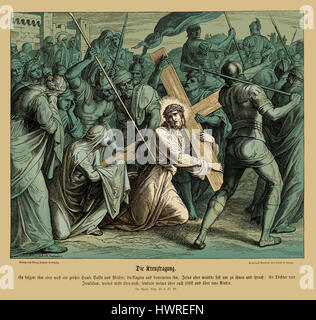 Jesus, das Kreuz tragend, Lukas-Evangelium Kapitel XXIII Verse 27-28 "und es folgte ihm eine große Firma des Volkes und der Frauen, die auch geklagt und beweinten ihn. Aber Jesus drehen zu ihnen sagte, Töchter von Jerusalem, Weine nicht um mich, sondern weint über euch und eure Kinder. " 1852-60 Illustration von Julius Schnorr von Carolsfeld Stockfoto
