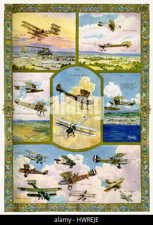 Fortschritt der Luftfahrt 1910-1918. 1910: Roe Dreidecker und Dunne. 1911: Bristol Doppeldecker, Martin-Handyside. 1912: die ersten Amphibien, die erste Kabine Flugzeug. 1913: früh kämpfen Flugzeug BE2E und Avro 504. 1914: Sopwith Wasserflugzeug. Hervorragende Flugzeuge des ersten Weltkriegs: Sopwith Camel, FE2B, TE8, DH4, Bristol Fighter, SE5A, Handley Page 0400, kurze Wasserflugzeug, F2A-Flugboot. Stockfoto