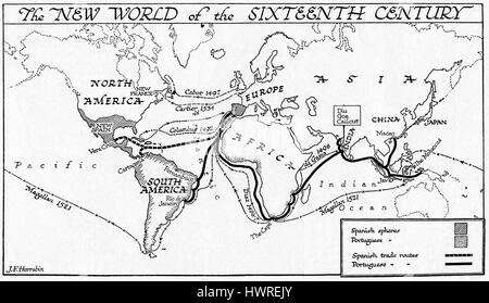 Die neue Welt des 16. Jahrhunderts, Karte mit spanischen und portugiesischen Kolonien und Handelswege Stockfoto