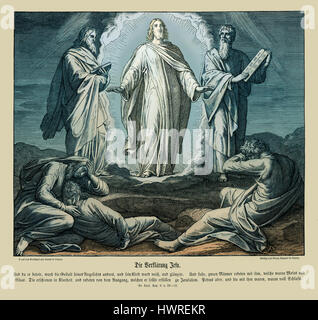 Verklärung Jesu Evangelium von Luke Kapitel IX Verse 29-32 "und als er betete, wurde die Mode sein Gesichtsausdruck verändert, und sein Gewand war weiß und glitzerndem. Und siehe, es sprach mit ihm zwei Männer, die Moses und Elias waren: Wer erschien in Herrlichkeit, und sprach von seinem Ableben, die er in Jerusalem erfüllen sollte. " 1852-60 Illustration von Julius Schnorr von Carolsfeld Stockfoto