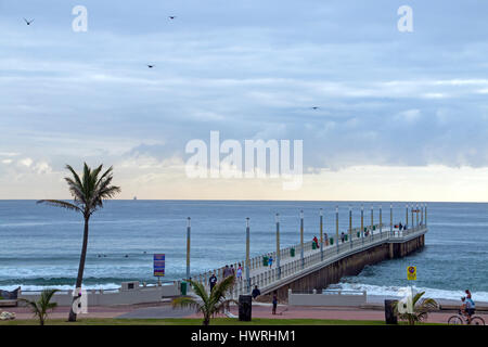 DURBAN, Südafrika - 23. März 2017: viele unbekannte am frühen Morgen Besucher am Strand und Pier gegen ruhige See und bewölkten blauen Skyline in Durban Stockfoto