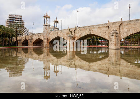 Die Pont del Real und ihre Reflexion in einem kleinen Teich des Jardin del Turia (Turia-Gärten) bei bewölktem Himmel. Valencia, Spanien. Stockfoto