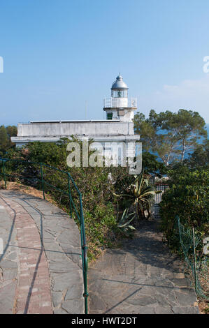 Punta Faro, Cape Lighthouse, Portofino, Italien: Strandkiefern und Panoramablick über den historischen Portofino Leuchtturm, erbaut im Jahre 1870 Stockfoto