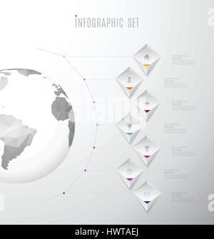 Infografik Firmenvorlage mit sieben Beschriftungen und Symbolen Reihen sich neben polygonalen Karte - light-Version. Stock Vektor