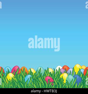 Ostern nahtlose horizontale Rahmenlinie. Hintergrund mit leuchtend grünem Rasen, bemalten Eiern und blauer Himmel. Egg Hunt Spiel. Vektorgrafik-Landschaft Stock Vektor