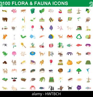100 Flora und Fauna Icons set, cartoon-Stil Stock Vektor