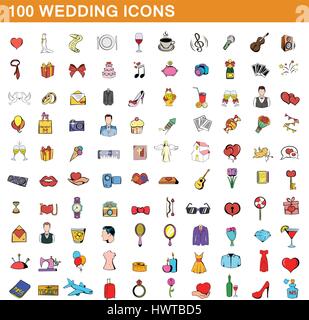 100 Hochzeit Symbole gesetzt, cartoon-Stil Stock Vektor