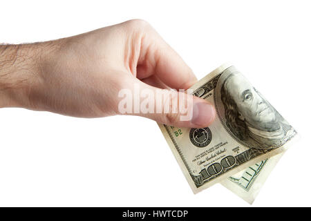 Die Hand eines Mannes hält eine amerikanische hundert-Dollar-Schein. auf einem weißen Hintergrund Stockfoto