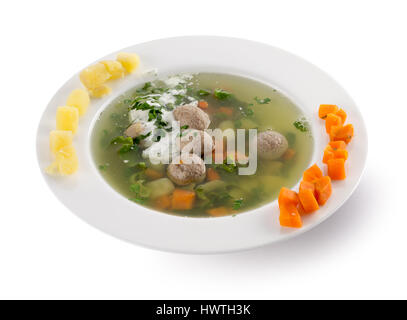 Suppe mit Fleischbällchen in Platte. Stockfoto