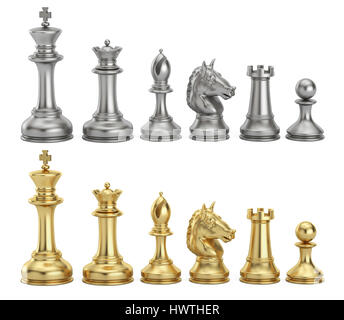Gold und Silber Schachfiguren in Reihe, 3D rendering Stockfoto