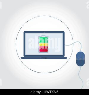 Laptop mit ein Stecker eingesteckt und Batteriesymbol auf Monitor zeigt Ladezustand. Leeren Raum für Text einfügen. Stock Vektor