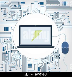 Elektronik Schaltung Hintergrund. Laptop mit einem Stecker eingesteckt und Blitz-Symbol auf dem Monitor. Stock Vektor