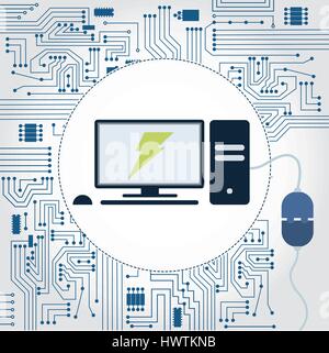 Elektronik Schaltung Hintergrund. Computer mit einem Stecker eingesteckt und Blitz-Symbol auf dem Monitor. Stock Vektor