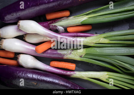 Frühlingszwiebeln, Karotten, japanische Aubergine und Zucchini Haufen zusammen auf ein Schiefer Schneidebrett Stockfoto
