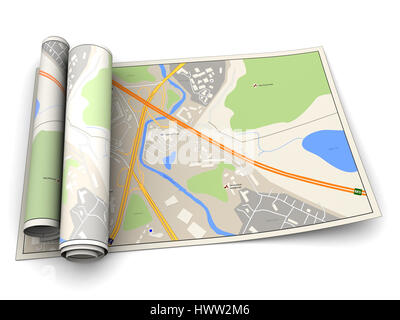 3D Darstellung der Stadtplan rollt über weißem Hintergrund Stockfoto