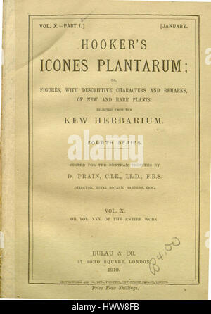 „Icones Plantarum“ von Hooker, Band 30, ist ein botanisches Illustrationswerk, das verschiedene Pflanzenarten zeigt. Dieser detaillierte botanische Druck aus dem Jahr 1913 bietet einen lehrreichen Einblick in das Pflanzenleben und betont die genaue Darstellung von Pflanzenformen und -Eigenschaften. Stockfoto