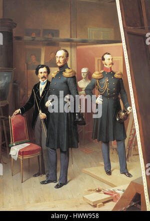 Das Foto oder Kunstwerk von Bogdan Villevalde zeigt den Zaren Nikolaus I. von Russland und seinen Sohn Zarewitsch Alexander Nikolajewitsch im Jahr 1854. Dieses Bild ist bedeutend in der russischen Geschichte und fängt die königliche Familie während einer turbulenten Periode der russischen Geschichte ein. Stockfoto