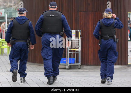 Westminster, London, UK 23 Mar 2017-Polizisten nahe London Eye. Scotland Yard hat am 23. März 2017 Polizei bei Razzien über Nacht in Birmingham London und anderswo im Land nach dem Terroranschlag in Westminister Schlosspark und auf Westminster Bridge am 22. März 2017 verlassen vier Menschen tot, einschließlich des Angreifers und 29 Menschen verletzt, sieben Verhaftungen gemacht haben. Bildnachweis: Dinendra Haria/Alamy Live-Nachrichten Stockfoto