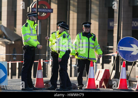 London, UK. 23. März 2017. Polizisten tragen Blumen unter den Massen auf dem Trafalgar Square während der Mahnwache für die Opfer des Terrors der gestrigen Angriffe auf Westminster Bridge und der Palace of Westminster. Bildnachweis: Mark Kerrison/Alamy Live-Nachrichten Stockfoto