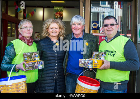 Bantry, Irland. 24. März 2017. Der Irish Cancer Society hält seine Fundraising Daffodil Day jährlich über die Länge und Breite von Irland. Abgebildete sammeln in Bantry waren Eileen Sheehan und Andrew Moore mit Anne Hoffmann und Anthony Power, alles von Bantry. © Andy Gibson/Alamy Live-Nachrichten. Stockfoto