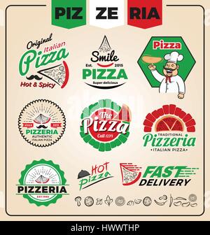 Satz von Pizzeria Logo Template-Design. Pizza-Labels und Frames, Vektor-illustration Stock Vektor