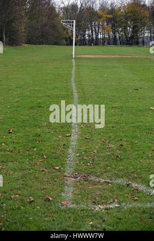 Wackelige Fußball Spielfeld Torlinie mit Torpfosten. Von der Ecke mit einem Hintergrund von Bäumen gesehen. Stockfoto