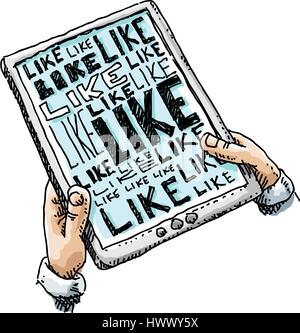 Ein paar Cartoon Hände halten einen Tabletcomputer mit einem Bildschirm mit dem Wort wie gefüllt. Stock Vektor