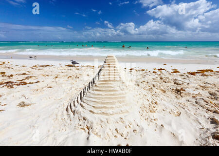 Maya-Pyramide am Sandstrand in Mexiko Stockfoto