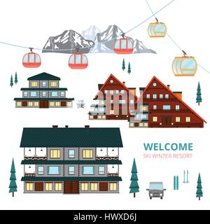 Winter Skigebiet. Holzhäuser-Dorf. Vector Berglandschaft. Stock Vektor