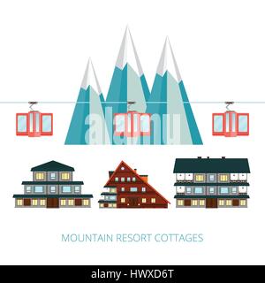 Winter-Resort-Banner-Vektor-Illustration. Holzhütten auf Hintergrund verschneite Berglandschaft. Standseilbahn. Ski-Seilbahn. Stock Vektor