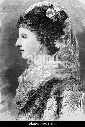 Prinzessin Margherita von Savoyen, Margherita Maria Teresa Giovanna, wurde 20. November 1851 - 4. Januar 1926, die Queen Consort des Königreichs Italien durch Heirat mit Umberto I., Reproduktion eines Bildes, Holzschnitt aus dem Jahr 1881, digital verbessert Stockfoto