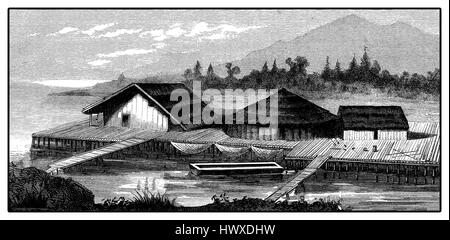 Rekonstruktion eines Dorfes der Pfahlbauten der Jungsteinzeit in Deutschland am Bodensee Stockfoto