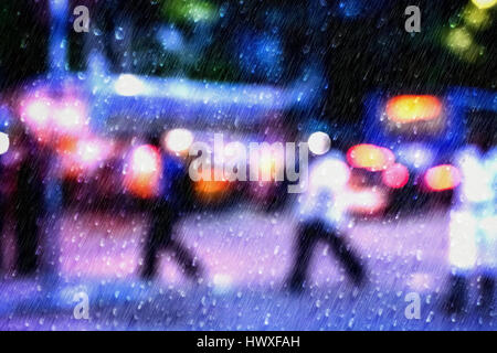 Leben in der Stadt bei Nacht in der Regenzeit. Blick durch die Fenster-Glas Stockfoto