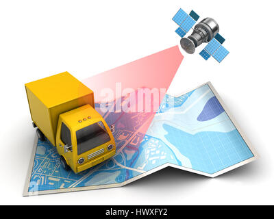 3D Darstellung der LKW mit Satellit, über Kartenhintergrund verfolgen Stockfoto