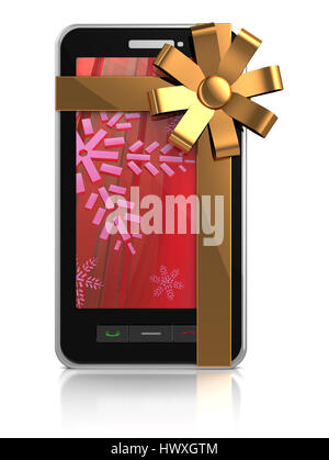 3D Abbildung des Mobiltelefons mit goldenen Band - Weihnachtsgeschenk Stockfoto